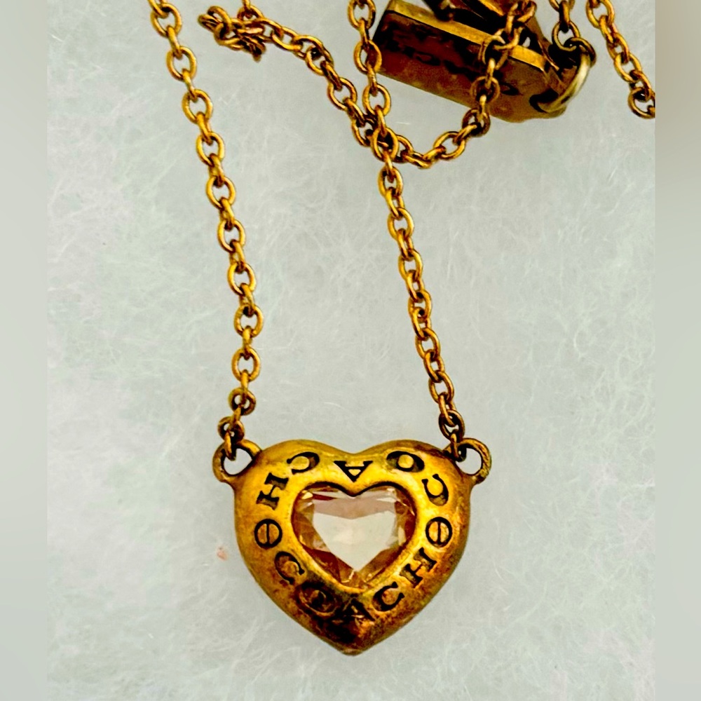 Coach suspended tiny gold logo heart necklace pink set 18”chain  extended chain